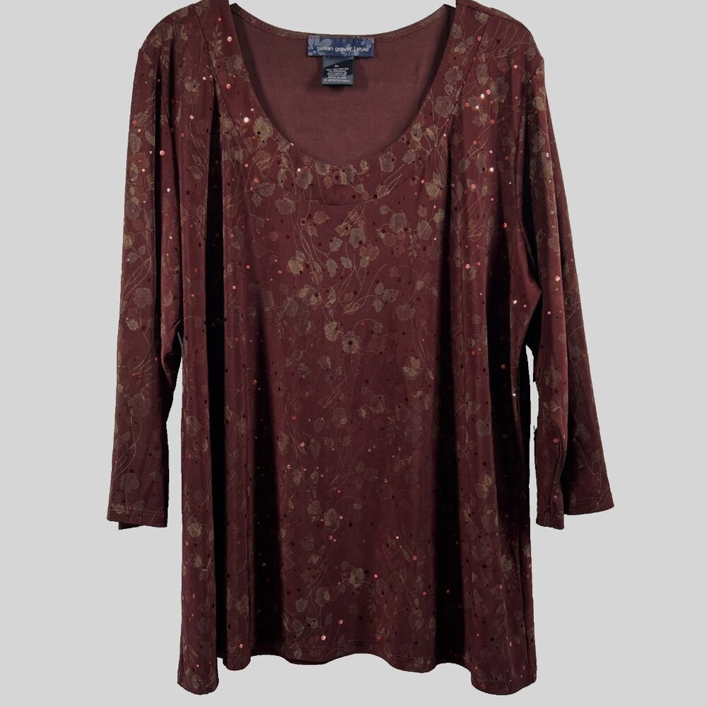 Susan Graver Women's Top Size XL 3/4 Sleeve Whimsygoth Feminine Stretch Pullover